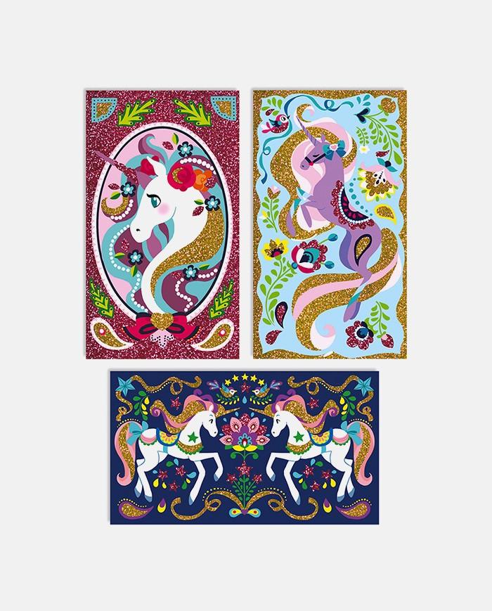 Set creativ, Janod, Glitter Unicorn, 3 carduri, 7 ani+ - Elcokids