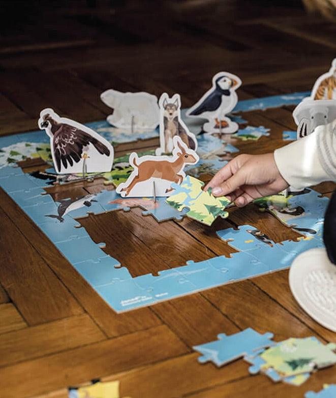 Puzzle educativ 3D, Janod, animale pe cale de disparitie, 50 figurine, 200 piese - Elcokids