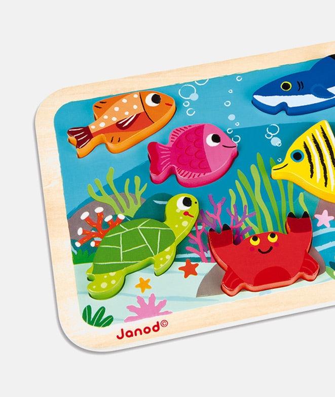 Puzzle din lemn 3D, Janod, cu animale marine, 7 piese, 18 luni+ - Elcokids