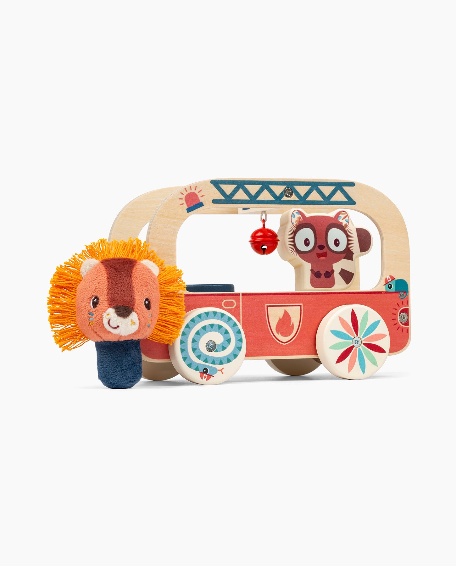 Jucarie de tras din lemn, Lilliputiens, Masina de pompieri, cu leul Jack, 3 ani+