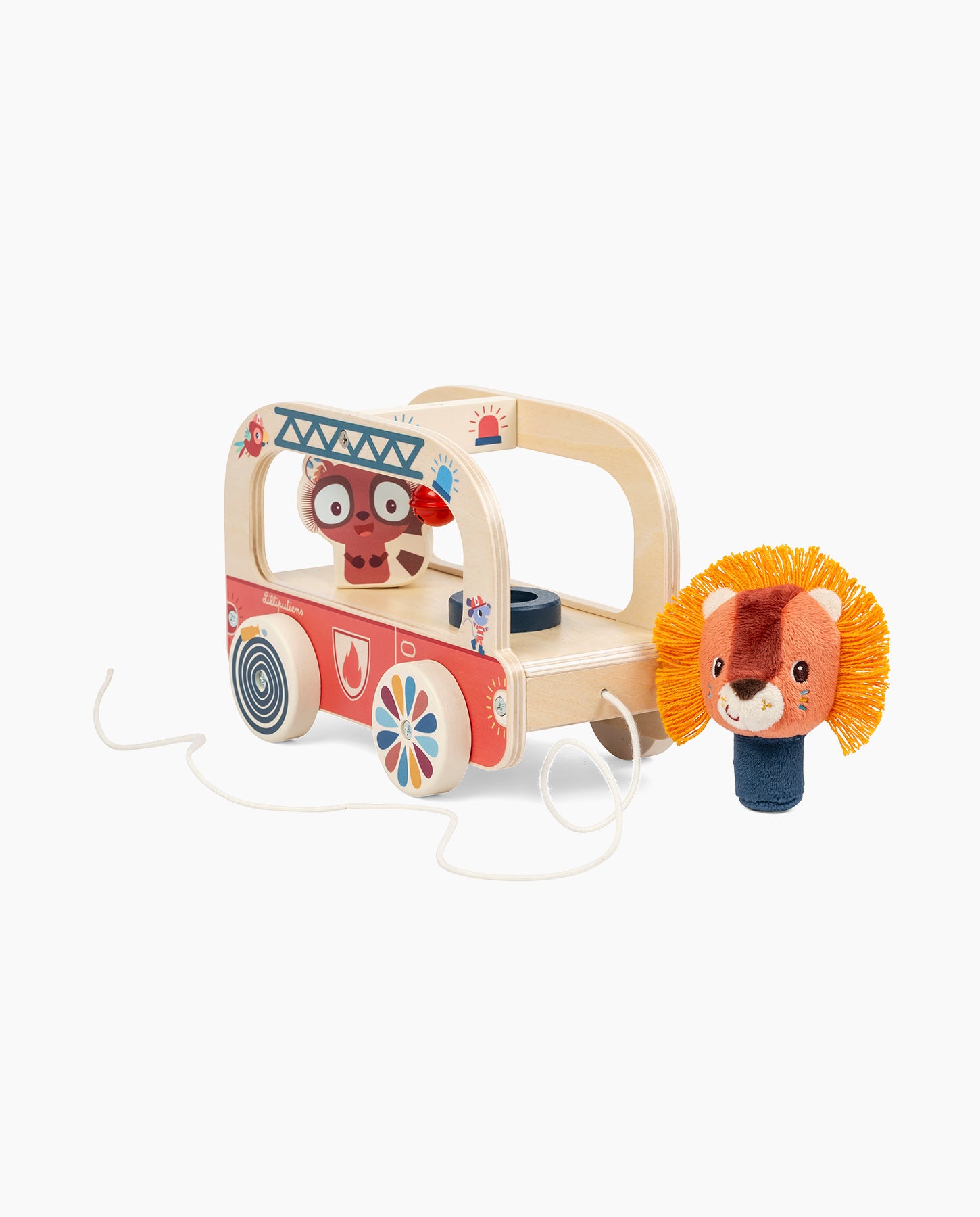 Jucarie de tras din lemn, Lilliputiens, Masina de pompieri, cu leul Jack, 3 ani+