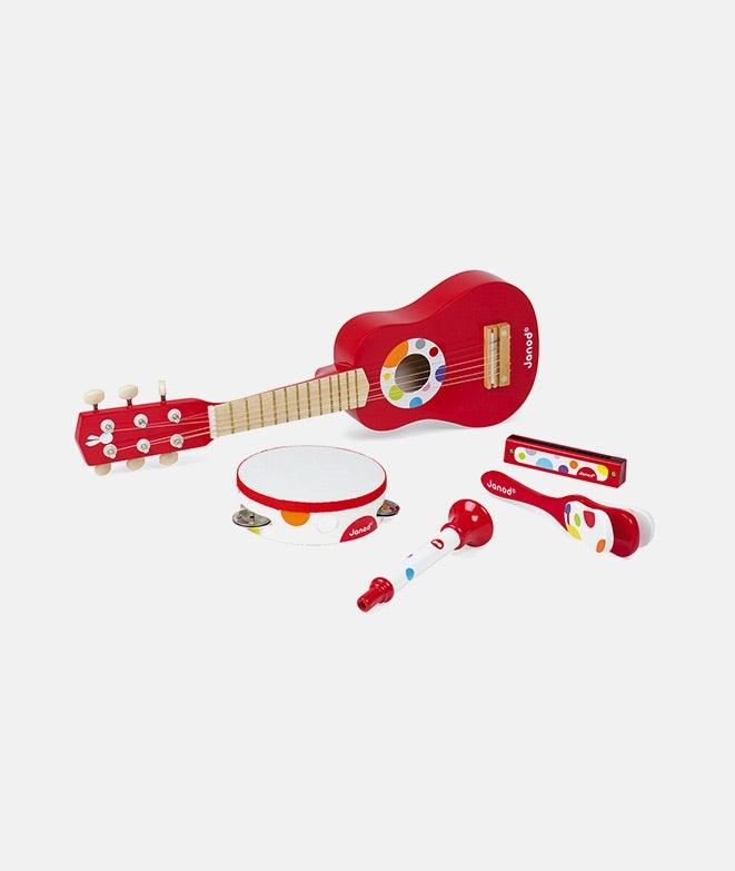 Set muzical, Janod, Confetti, 5 instrumente, din lemn, rosu - Elcokids