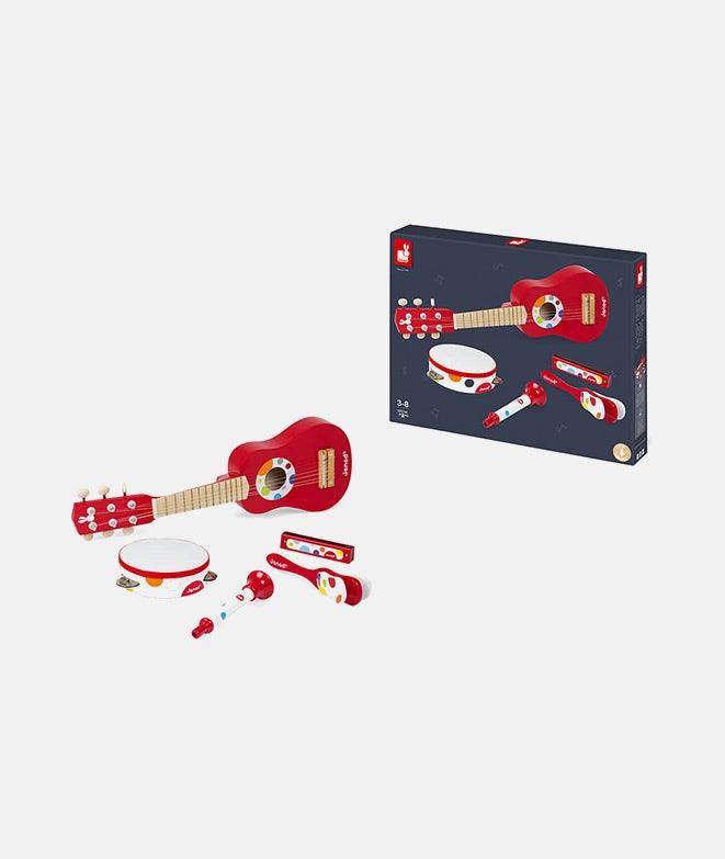 Set muzical, Janod, Confetti, 5 instrumente, din lemn, rosu - Elcokids