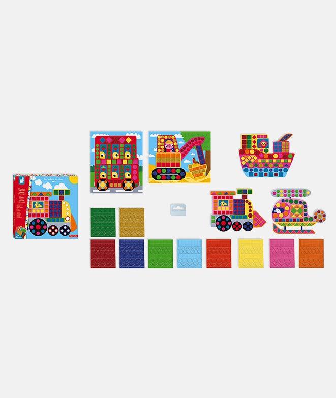 Set creativ mozaic, Janod, vehicule, 5 carduri, 3 ani+ - Elcokids