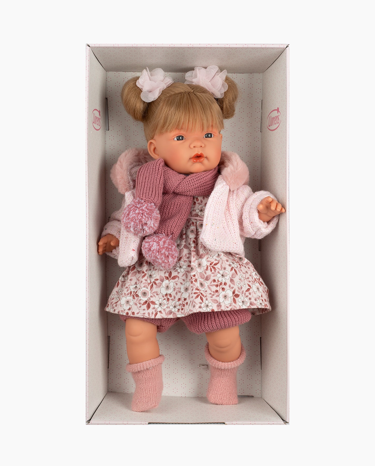 Papusa Llorens, Joelle cu jacheta si fular roz, cu sunete, 38 cm