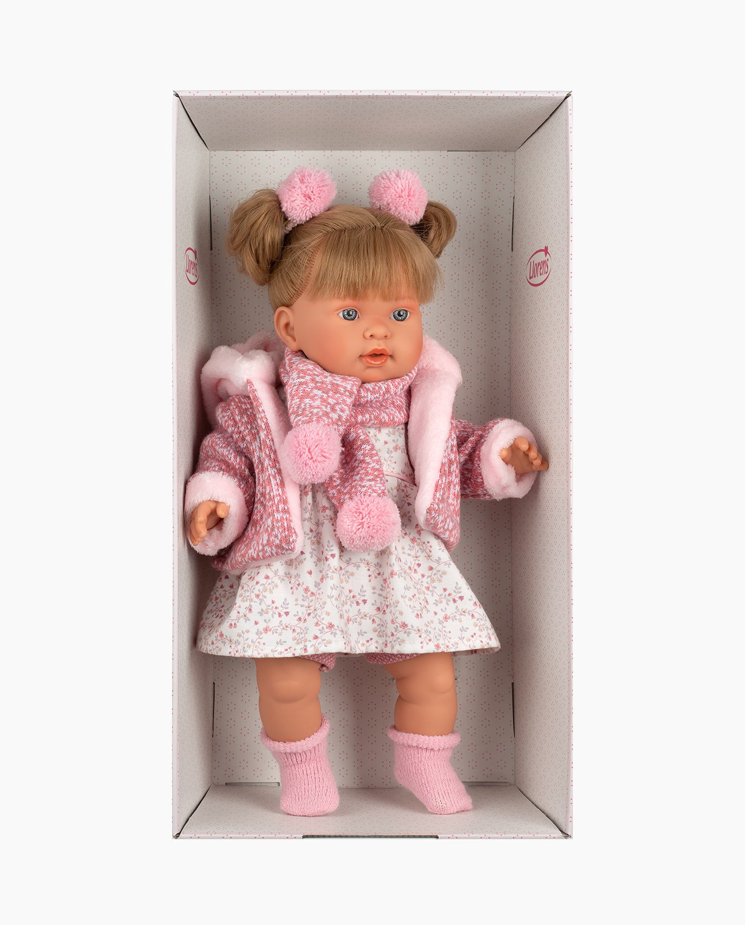 Papusa Llorens, Alexandra cu jacheta si fular roz, cu sunete, 42 cm