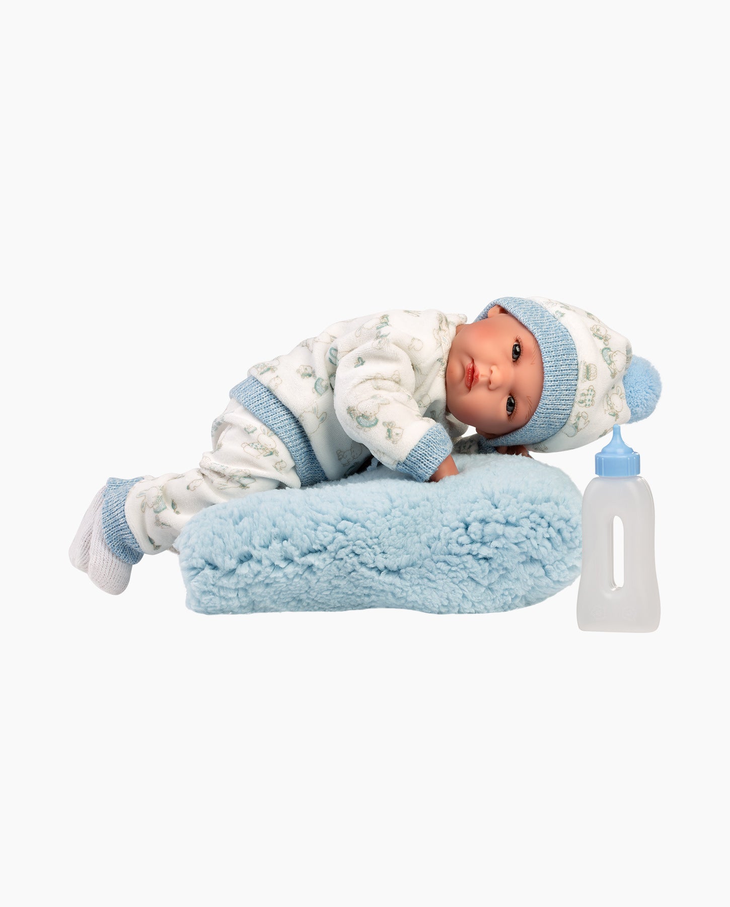 Papusa Llorens, Bimbo cu salteluta si biberon albastru, 35 cm