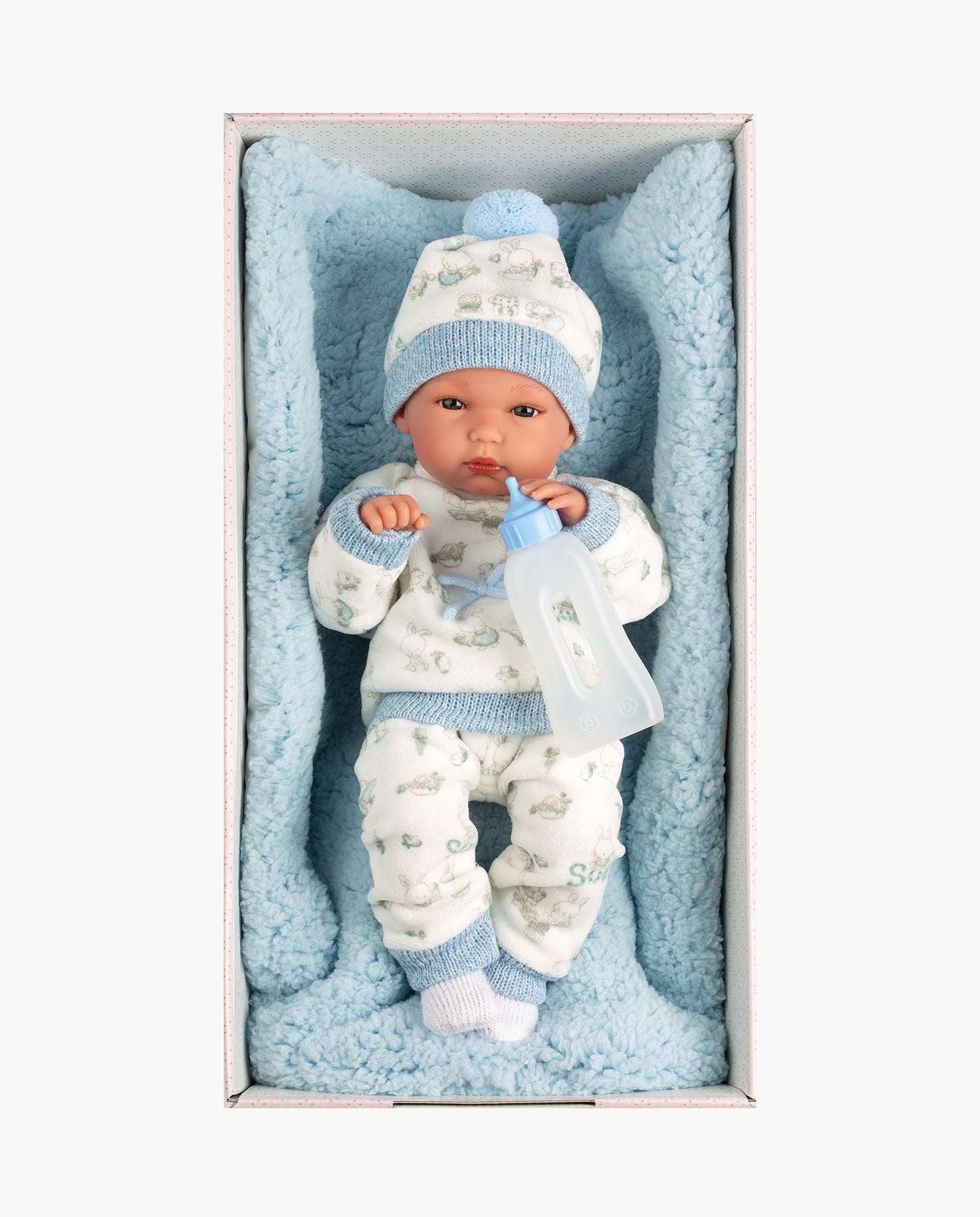 Papusa Llorens, Bimbo cu salteluta si biberon albastru, 35 cm