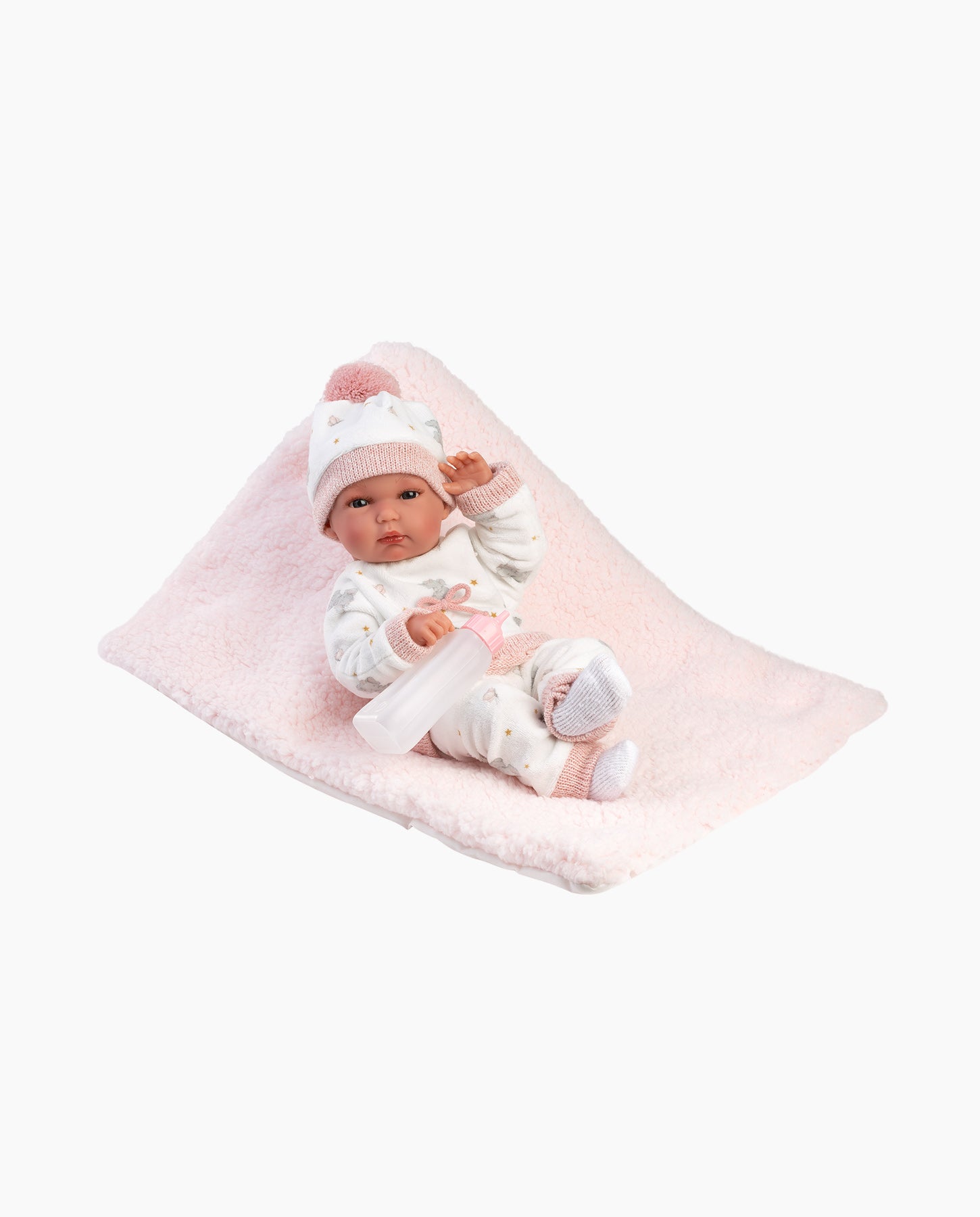 Papusa Llorens, Bimba cu salteluta si biberon roz, 35 cm