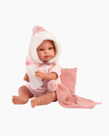 Papusa Llorens, Olivia cu perinita si paturica roz, cu sunete, 38 cm