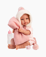 Papusa Llorens, Olivia cu perinita si paturica roz, cu sunete, 38 cm