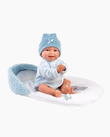Papusa Llorens, Liam cu saculet de dormit albastru, cu sunete, 38 cm