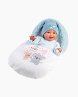 Papusa Llorens, Liam cu saculet de dormit albastru, cu sunete, 38 cm