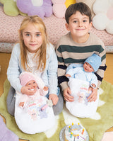Resigilat: Papusa Llorens, Liam cu saculet de dormit albastru, cu sunete, 38 cm