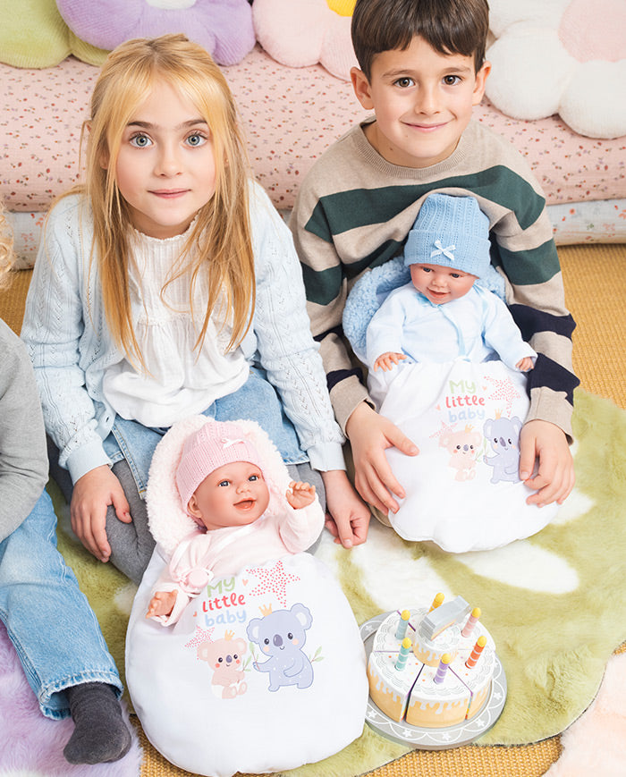 Papusa Llorens, Chloe cu saculet de dormit roz, cu sunete, 38 cm