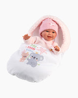 Papusa Llorens, Chloe cu saculet de dormit roz, cu sunete, 38 cm