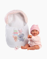 Papusa Llorens, Chloe cu saculet de dormit roz, cu sunete, 38 cm