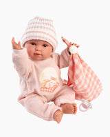 Papusa Llorens, Olivia cu paturica roz in carouri, cu sunete, 38 cm