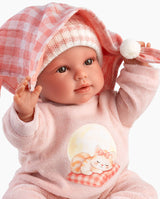 Papusa Llorens, Olivia cu paturica roz in carouri, cu sunete, 38 cm