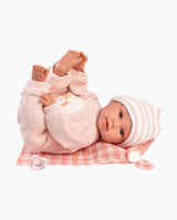 Papusa Llorens, Olivia cu paturica roz in carouri, cu sunete, 38 cm