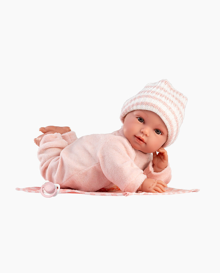 Papusa Llorens, Olivia cu paturica roz in carouri, cu sunete, 38 cm