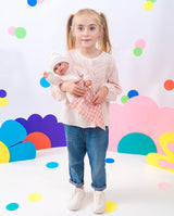 Papusa Llorens, Olivia cu paturica roz in carouri, cu sunete, 38 cm