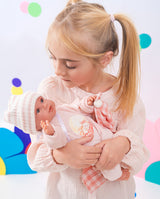 Papusa Llorens, Olivia cu paturica roz in carouri, cu sunete, 38 cm