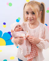 Papusa Llorens, Olivia cu paturica roz in carouri, cu sunete, 38 cm