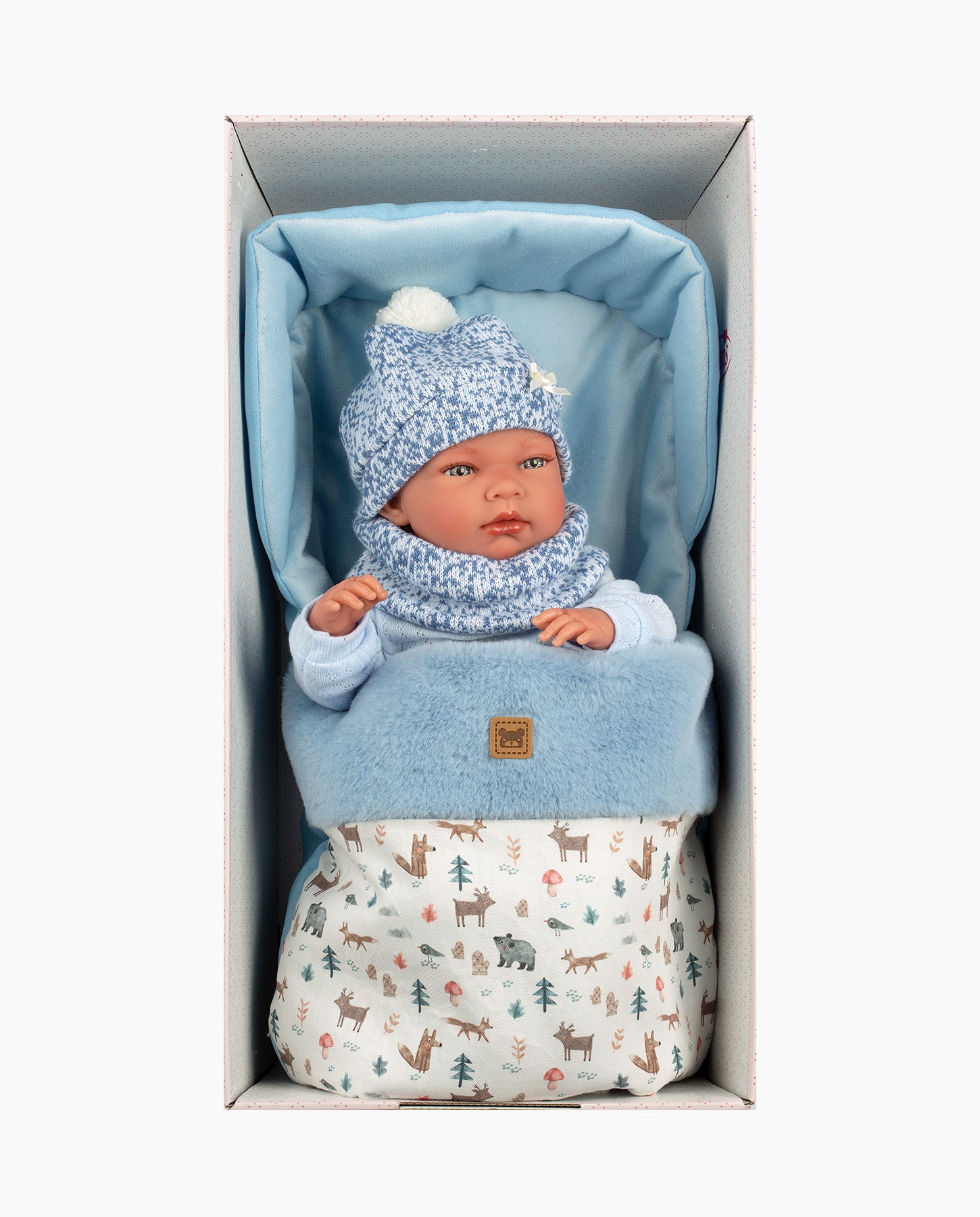 Papusa Llorens, Nico cu saculet de dormit albastru, 40 cm