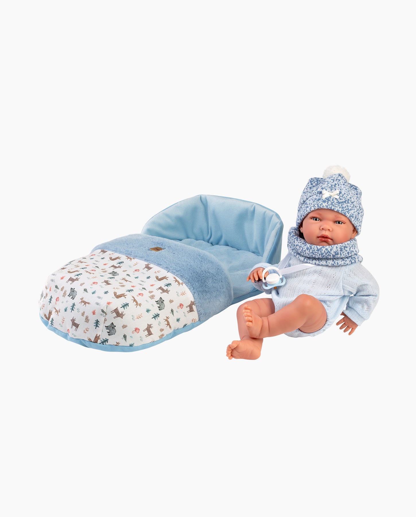 Papusa Llorens, Nico cu saculet de dormit albastru, 40 cm