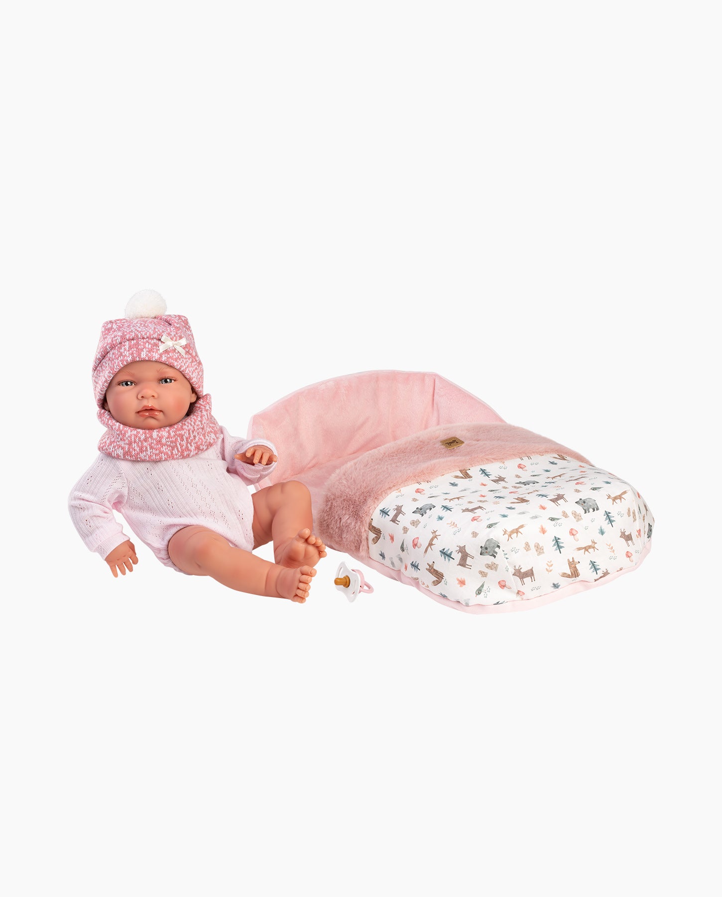 Papusa Llorens, Nica cu saculet de dormit roz animale, 40 cm