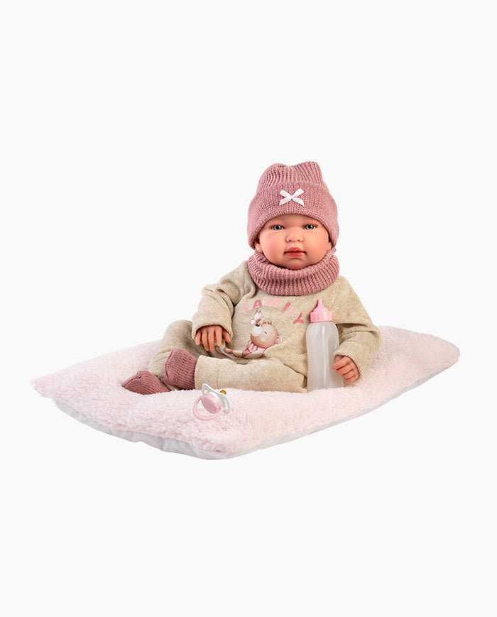 Papusa Llorens, Tina cu pernita pufoasa si biberon roz, cu sunete, 44 cm