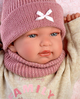 Papusa Llorens, Tina cu pernita pufoasa si biberon roz, cu sunete, 44 cm