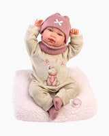 Papusa Llorens, Tina cu pernita pufoasa si biberon roz, cu sunete, 44 cm