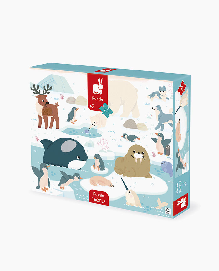 Puzzle Tactil Animale Polare, Janod, 20 piese, 2 ani+