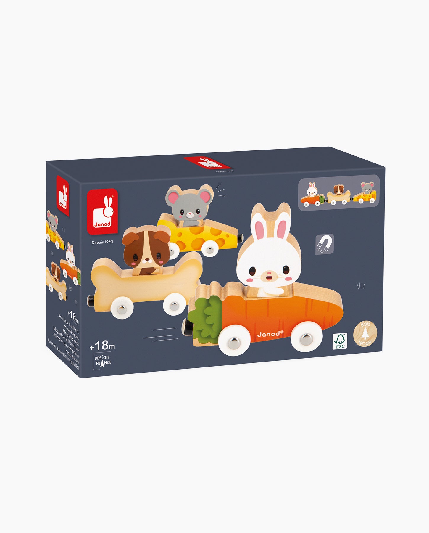 Set magnetic, Janod, Animale de companie, cu 3 masinute, 18 luni+
