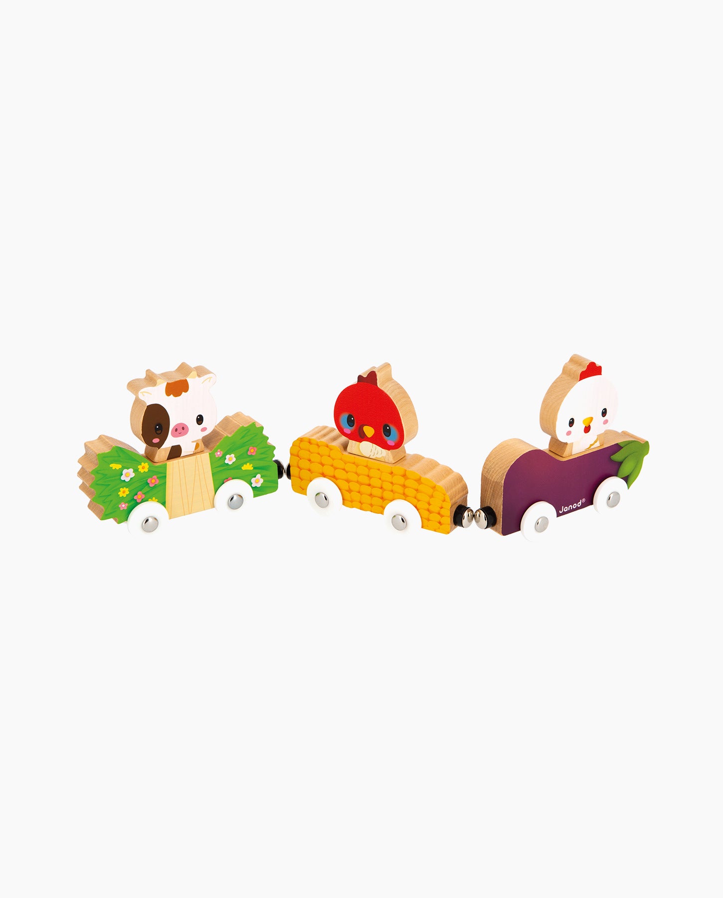 Set magnetic, Janod, Animalele de la ferma, cu 3 masinute, 18 luni+
