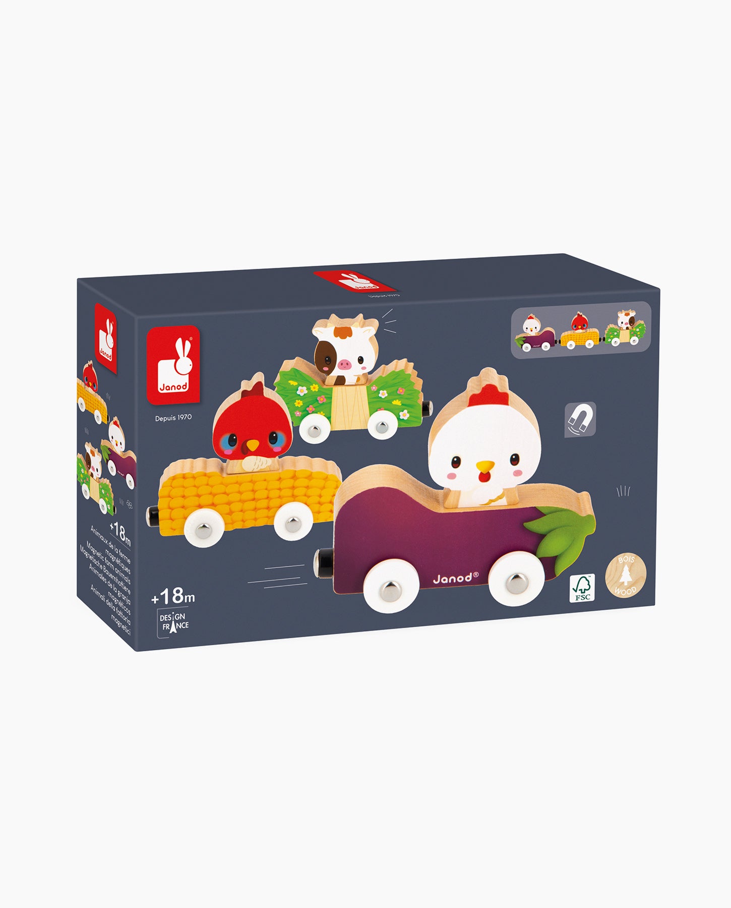 Set magnetic, Janod, Animalele de la ferma, cu 3 masinute, 18 luni+