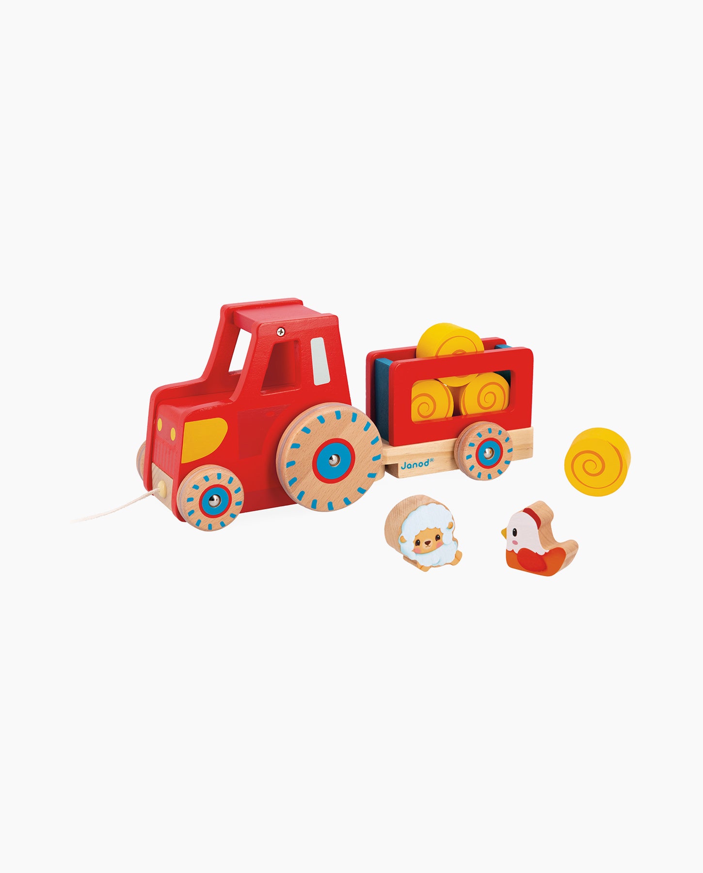 Jucarie de tras, Janod, Tractor cu remorca, din lemn, cu 6 accesorii, 12 luni+