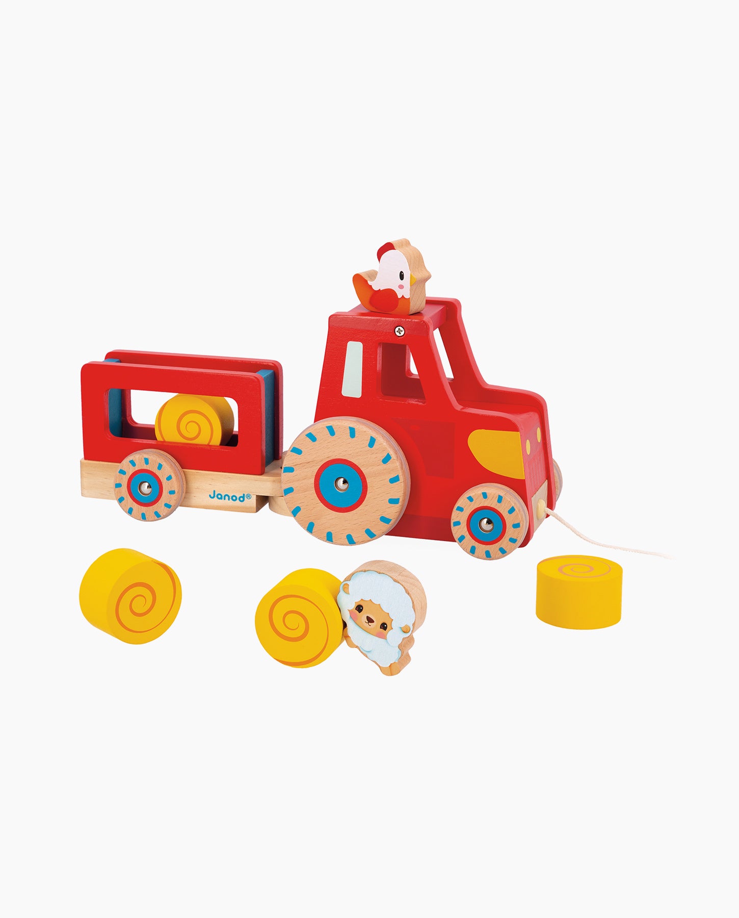 Jucarie de tras, Janod, Tractor cu remorca, din lemn, cu 6 accesorii, 12 luni+