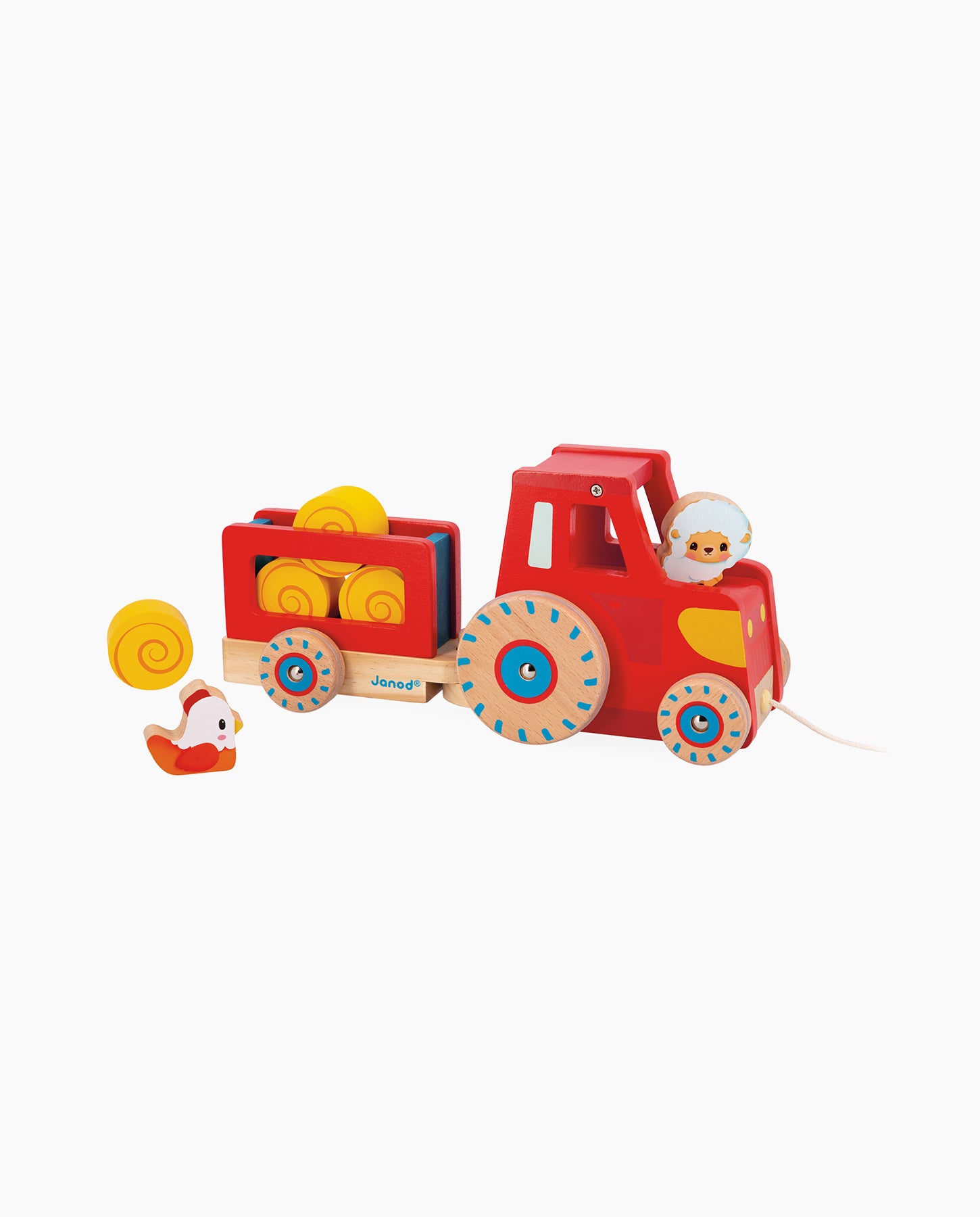 Jucarie de tras, Janod, Tractor cu remorca, din lemn, cu 6 accesorii, 12 luni+