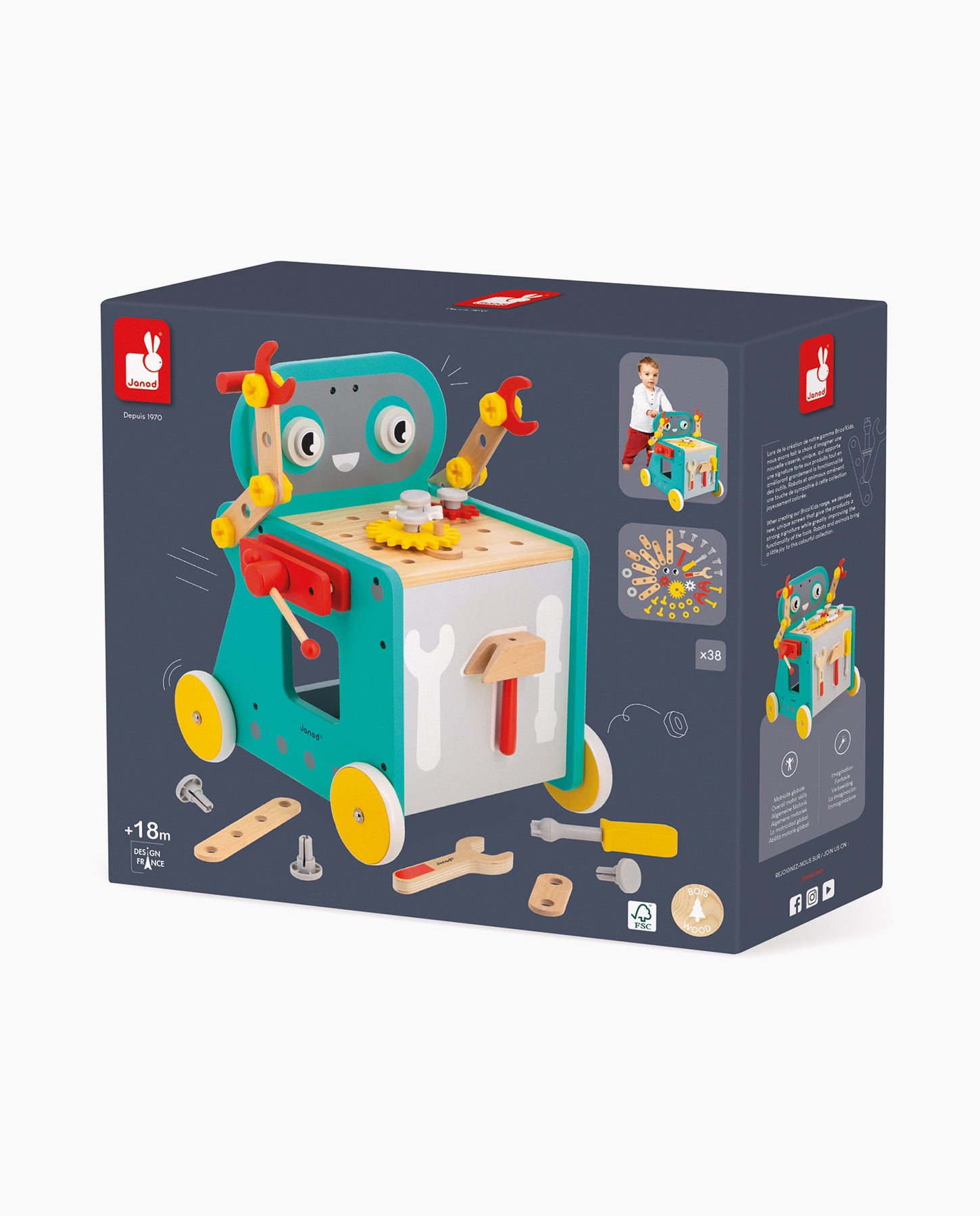 Banc de lucru mobil, Janod, Brico'Kids, Robot, cu 38 accesorii, 18 luni+