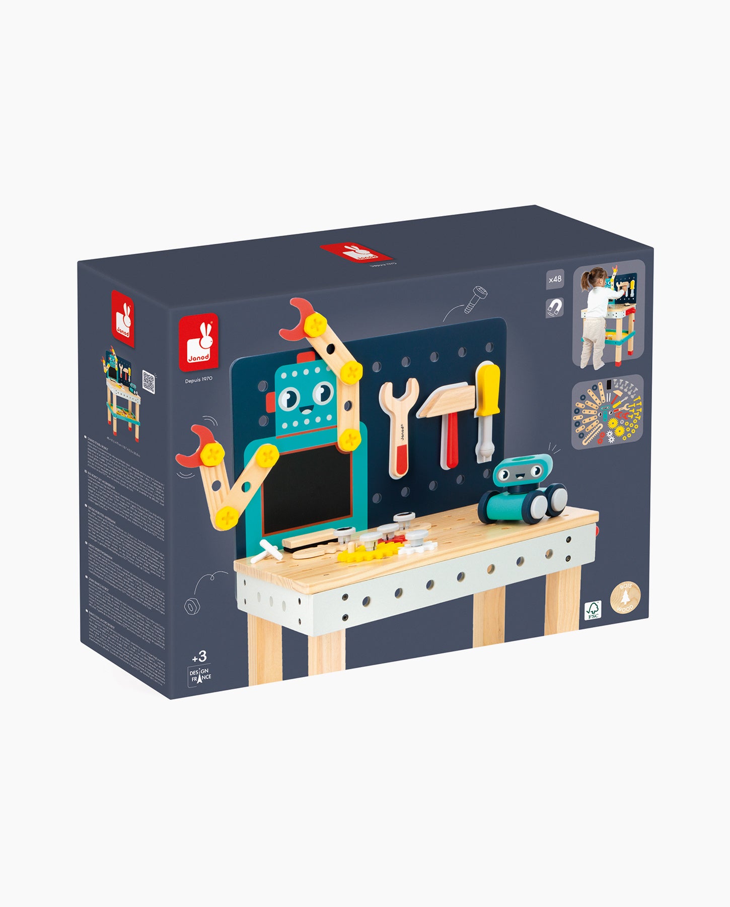 Banc de lucru, Janod, Brico'Kids, Robot, de construit, 60 accesorii, 3 ani+