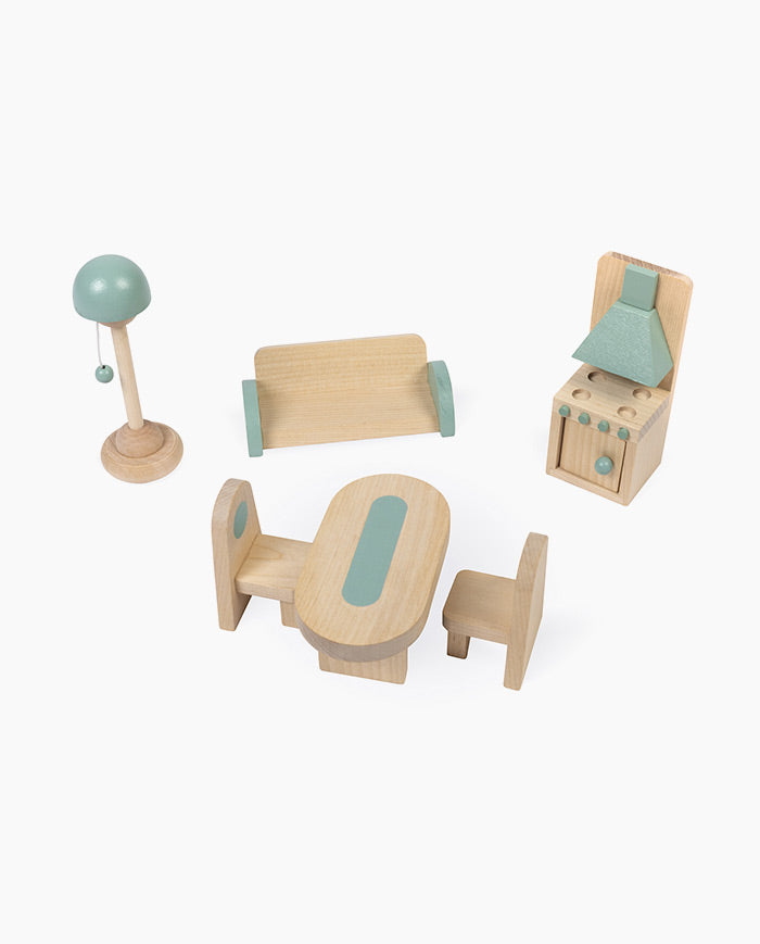 Casuta de papusi din lemn, Janod, 15 accesori, 3 ani+