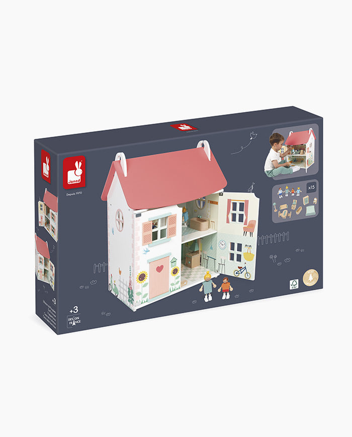 Casuta de papusi din lemn, Janod, 15 accesori, 3 ani+