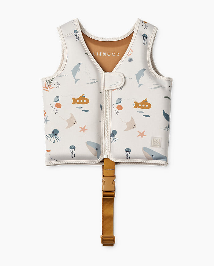 Vesta de inot copii, Liewood, Dove, Sea Creature/Sandy, cu fermoar
