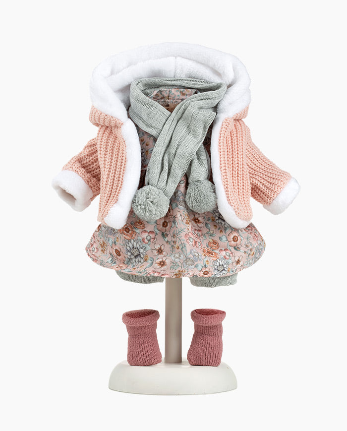 Imbracaminte Llorens, Papusi 42 cm, jacheta si rochita cu floricele, 5 piese