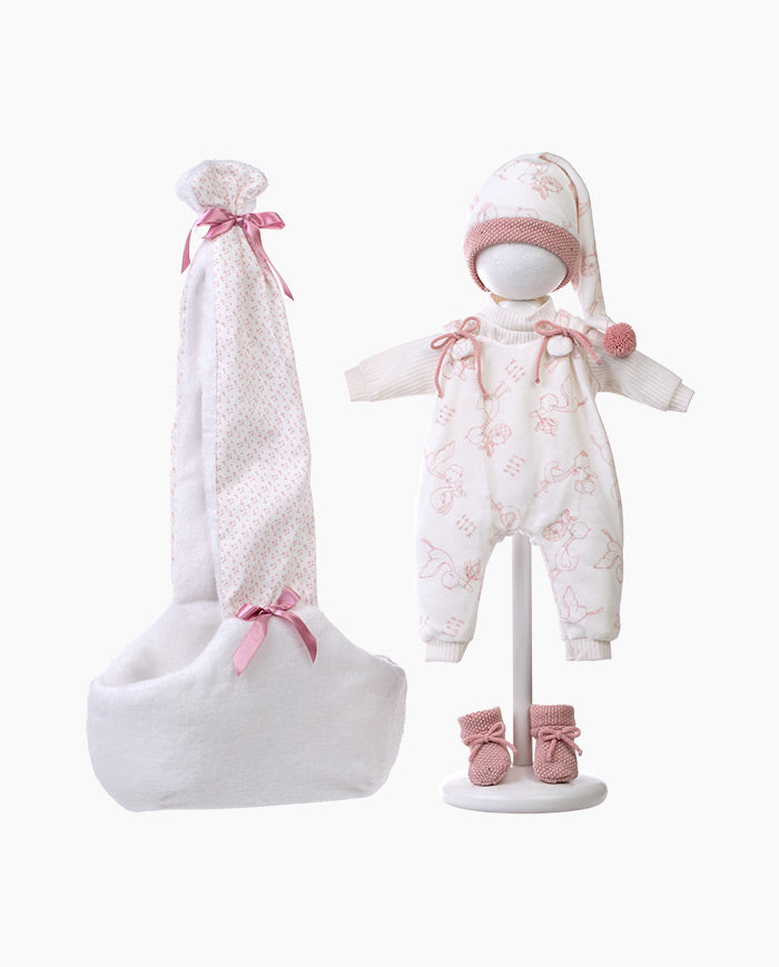 Imbracaminte Llorens, Bebelusi 42 cm, cu salopeta alba si flori roz, 5 piese, 3 ani+