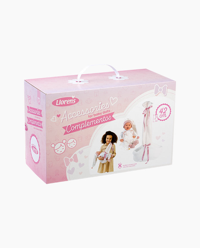 Imbracaminte Llorens, Bebelusi 42 cm, cu salopeta alba si flori roz, 5 piese, 3 ani+